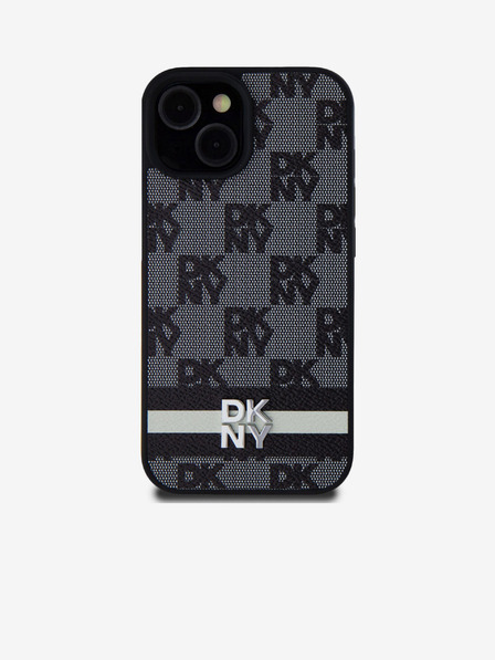 DKNY PU bőr kockás mintás és csíkos hátlapi borító iPhone 15 készülékhez Fekete DKNY