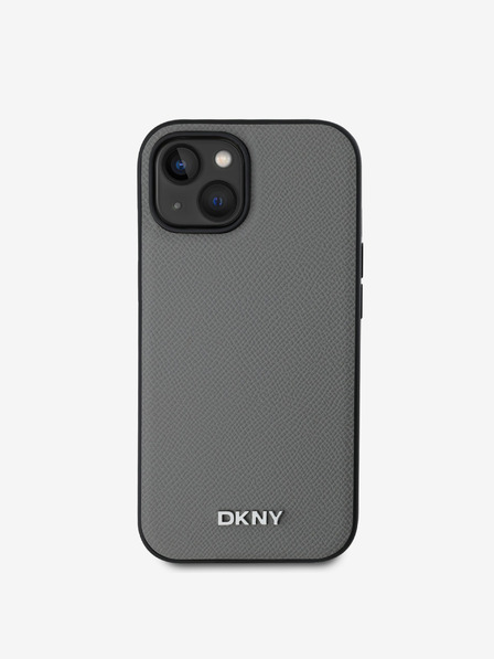 DKNY PU bőr ezüst fém logós Magsafe hátlap iPhone 14 készülékhez Szürke DKNY