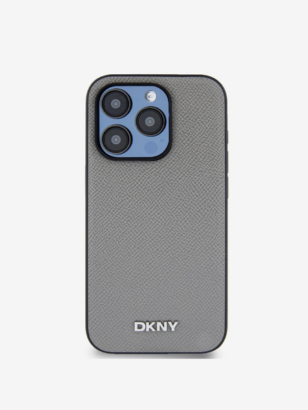 DKNY PU bőr ezüst fém logós Magsafe hátlap iPhone 14 Pro szürke DKNY szürke iPhone 14 Pro-hoz