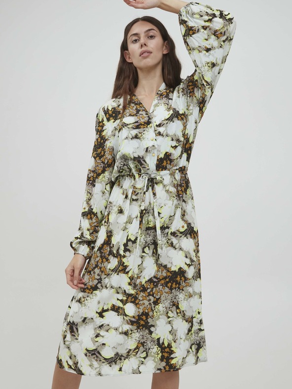 ICHI Barna-fehér virágos ruha nyakkendővel ICHI