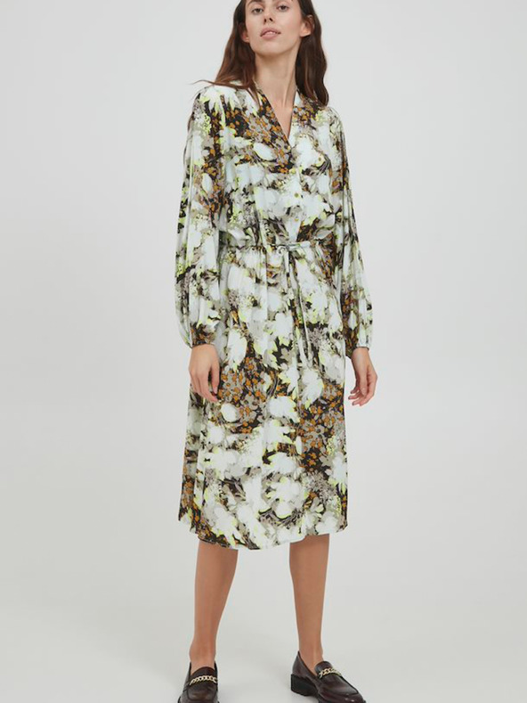 ICHI Barna-fehér virágos ruha nyakkendővel ICHI