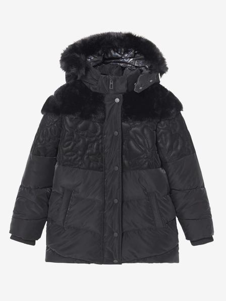Desigual Fekete, mintás télikabát lányoknak, kapucnival és műszőrmével Desigual Kids Exterior