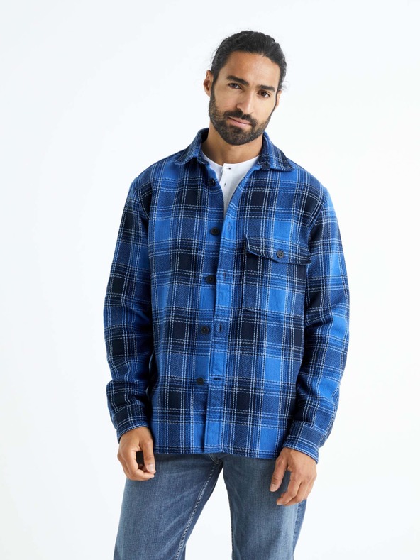 Celio Kék férfi kockás póló Celio Bazur