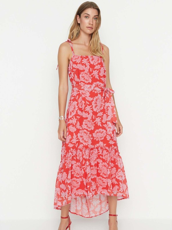 Trendyol Piros virágos pántos pántos midi ruha Trendyol