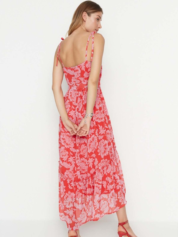 Trendyol Piros virágos pántos pántos midi ruha Trendyol