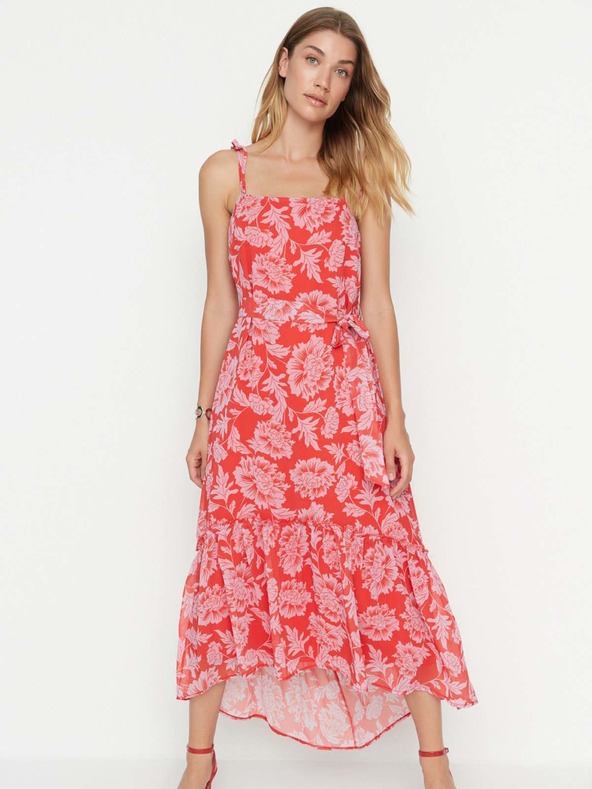 Trendyol Piros virágos pántos pántos midi ruha Trendyol
