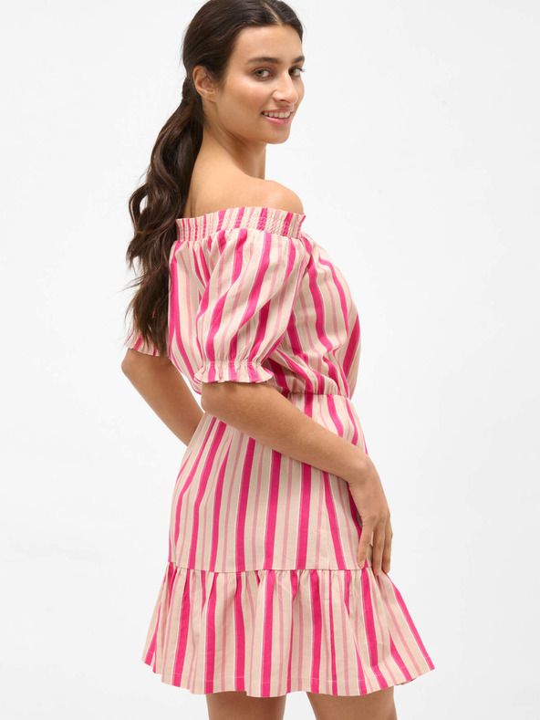 Orsay ORSAY rózsaszín csíkos lenvászon ruha szabadon hagyott vállakkal