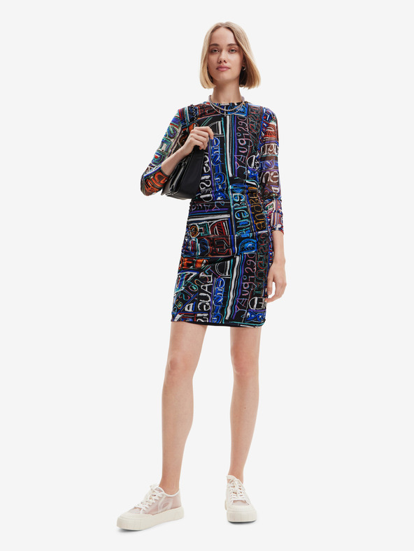 Desigual Kék-fekete női mintás ujjatlan mini ruha Desigual betűs női ruha