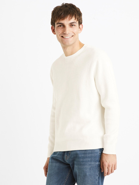 Celio Krémszínű férfi bordázott alap pulóver Celio Dexter