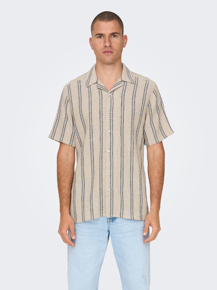ONLY & SONS Bézs színű férfi csíkos rövid ujjú ing ONLY & SONS Trev férfi ing
