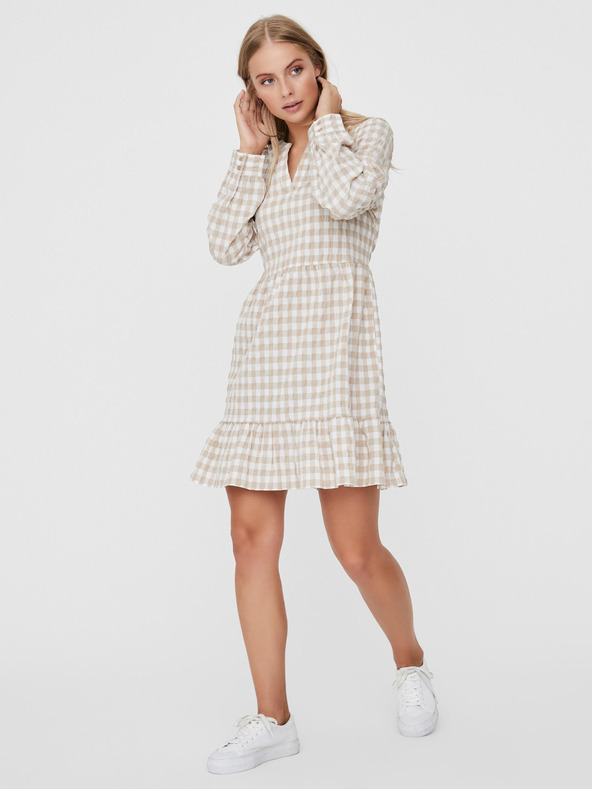Vero Moda Fehér és bézs színű kockás VERO MODA Kimi ruha