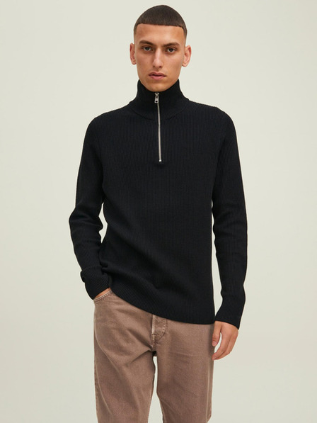 Jack & Jones Fekete férfi bordázott cipzáras pulóver Jack & Jones Perfect