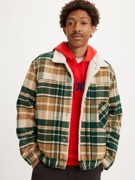 Levi's® Zöld és barna férfi Levi's® Type 1 Sherpa Trucker gyapjúkeverék kockás kabát