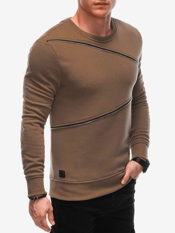Ombre Clothing Barna férfi pulóver dekoratív cipzárral Ombre Ruházat Ombre Clothing