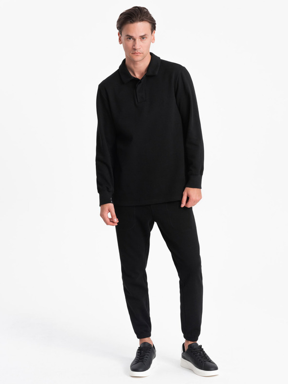 Ombre Clothing Fekete férfi pulóver póló gallérral + nadrág Ombre Clothing