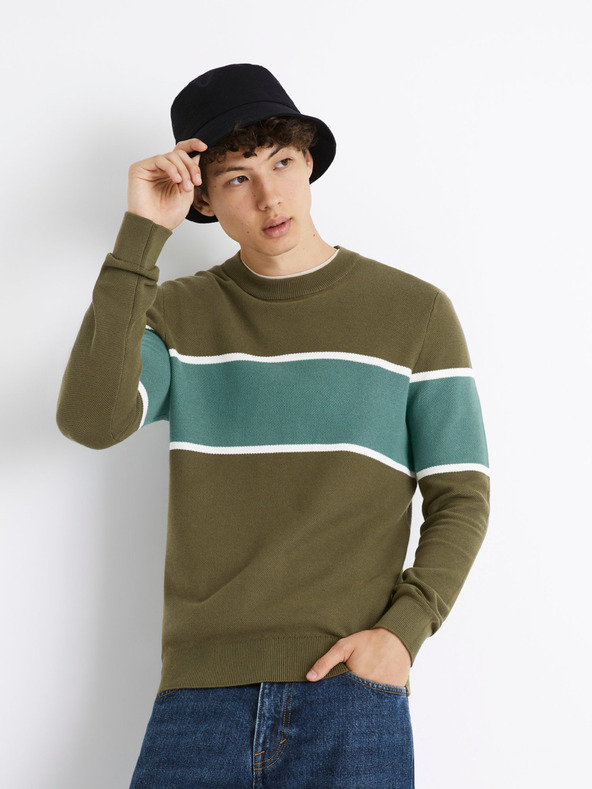 Celio Khaki színű férfi csíkos pulóver Celio