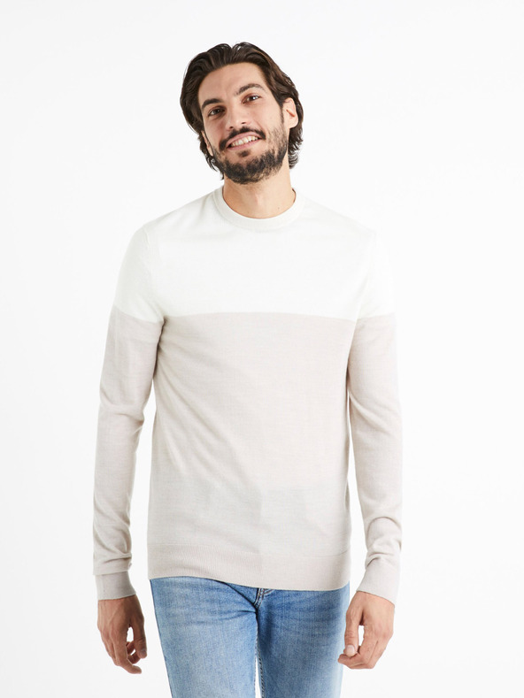 Celio Férfi fehér és bézs színű merinó gyapjú keverék pulóver Celio Cemeribloc