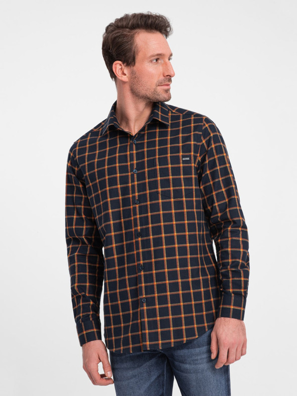 Ombre Clothing Narancssárga és kék férfi kockás flanel ing Ombre Clothing