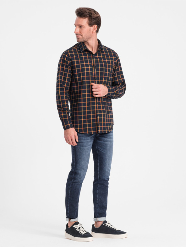 Ombre Clothing Narancssárga és kék férfi kockás flanel ing Ombre Clothing