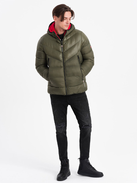 Ombre Clothing Sötétzöld férfi steppelt télikabát Ombre ruházat