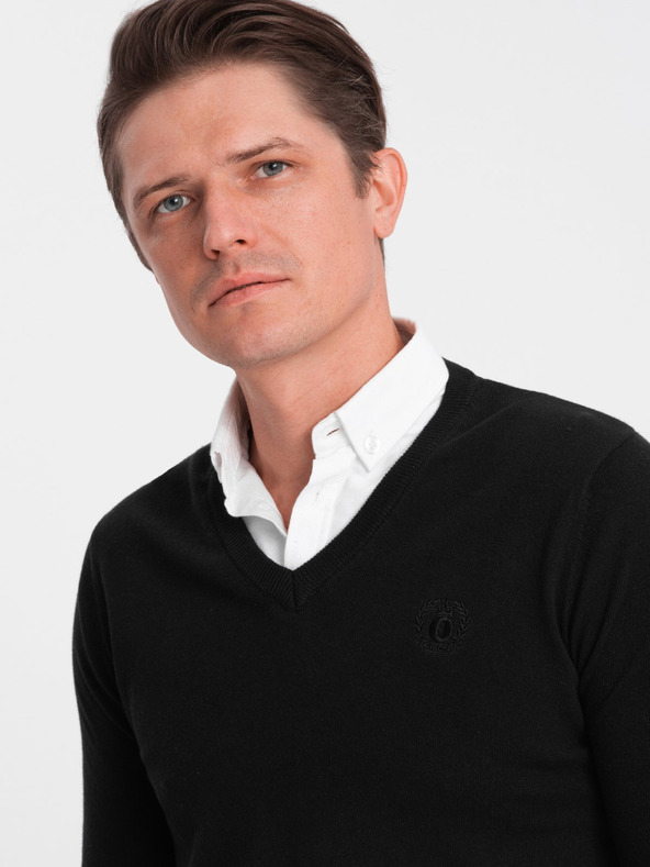 Ombre Clothing Férfi fekete pulóver inggallérral Ombre ruházat