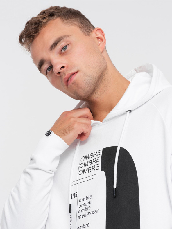 Ombre Clothing Fehér férfi nyomtatott kapucnis kapucnis pulóver Ombre Clothing
