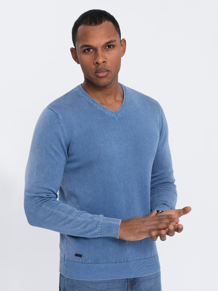 Ombre Clothing Kék férfi alapvető v-nyakú pulóver Ombre Ruházat