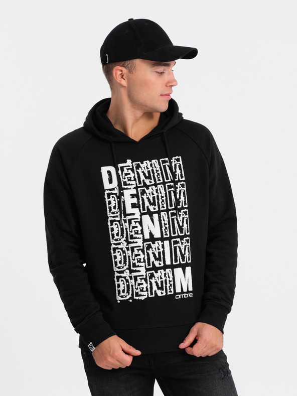 Ombre Clothing Fekete-fehér férfi kapucnis pulóver nyomtatással Ombre Clothing