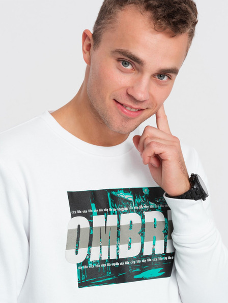 Ombre Clothing Fehér férfi nyomtatott kapucnis kapucnis pulóver Ombre Clothing