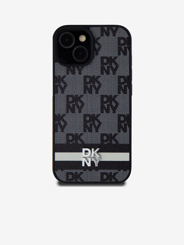 DKNY PU bőr kockás mintás és csíkos hátlapi borító iPhone 15 készülékhez Fekete DKNY