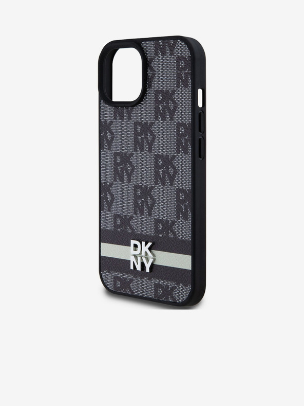 DKNY PU bőr kockás mintás és csíkos hátlapi borító iPhone 15 készülékhez Fekete DKNY