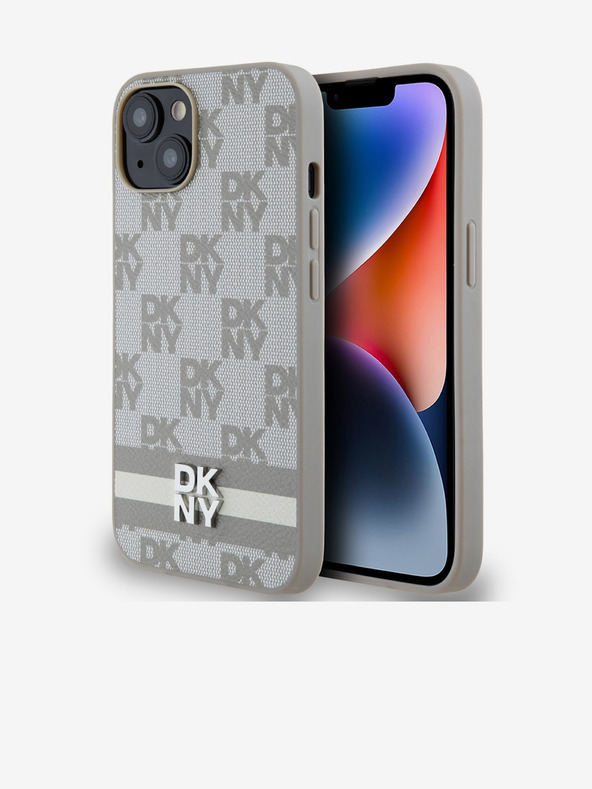 DKNY PU bőr kockás mintás és csíkos hátlapi borító iPhone 14 készülékhez Beige DKNY DKNY
