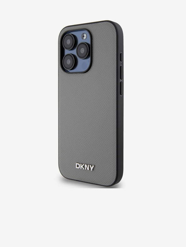 DKNY PU bőr ezüst fém logós Magsafe hátlap iPhone 15 Pro szürke DKNY
