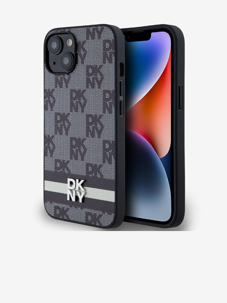 DKNY PU bőr kockás mintás és csíkos hátlapi borító iPhone 14 készülékhez Fekete DKNY