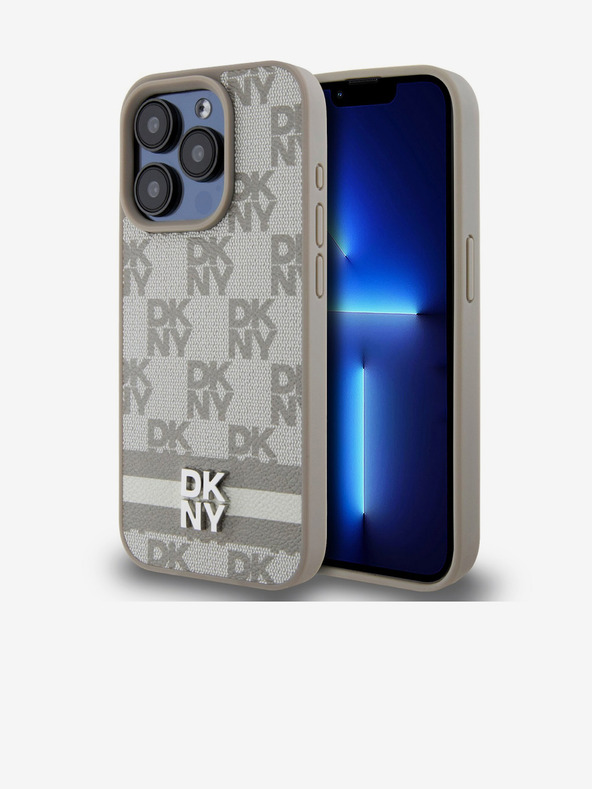 DKNY PU bőr kockás mintás és csíkos hátlapi borító iPhone 13 Pro bézs DKNY DKNY