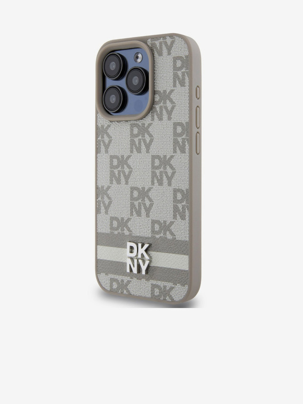 DKNY PU bőr kockás mintás és csíkos hátlapi borító iPhone 13 Pro bézs DKNY DKNY