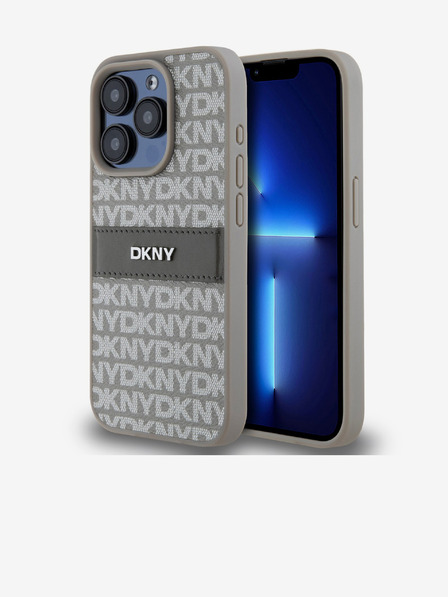 DKNY PU bőr ismétlődő mintás, tónusos csíkos hátlap iPhone 15 Pro bézs DKNY DKNY