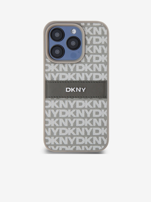 DKNY PU bőr ismétlődő mintás, tónusos csíkos hátlap iPhone 15 Pro bézs DKNY DKNY