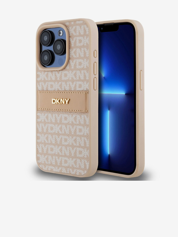 DKNY PU bőr ismétlődő mintás, tónusos csíkos hátlap iPhone 15 Pro Max rózsaszín DKNY