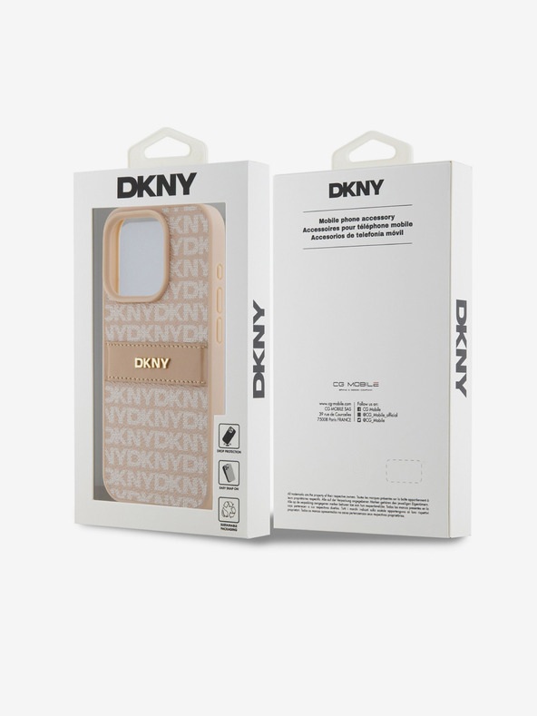 DKNY PU bőr ismétlődő mintás, tónusos csíkos hátlap iPhone 15 Pro Max rózsaszín DKNY