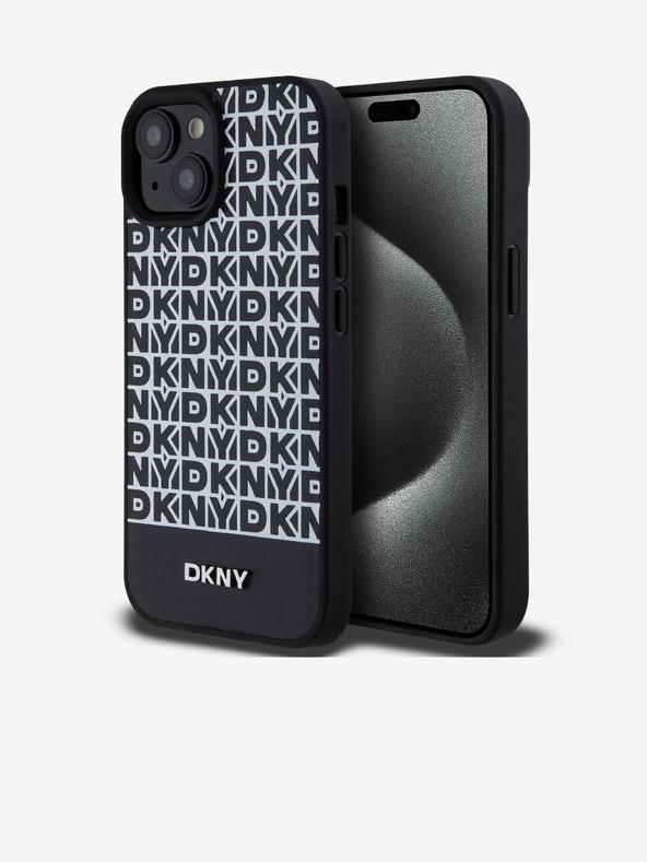 DKNY PU bőr Ismétlődő mintás alsó csíkos MagSafe hátlap iPhone 15 fekete DKNY
