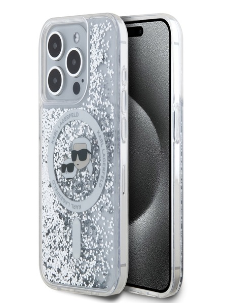 Karl Lagerfeld Karl Lagerfeld Liquid Glitter Karl és Choupette Feads MagSafe hátlapi borító az iPhone 15 Pro készülékhez Átlátszó