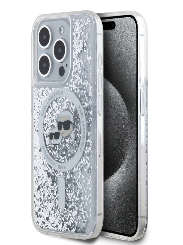 Karl Lagerfeld Karl Lagerfeld Liquid Glitter Karl és Choupette Feads MagSafe hátlapi borító az iPhone 15 Pro készülékhez Átlátszó