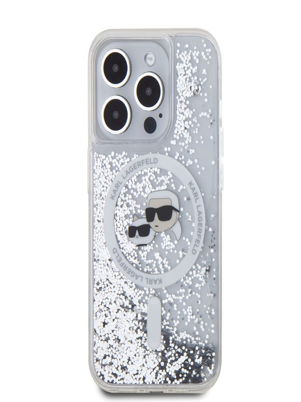 Karl Lagerfeld Karl Lagerfeld Liquid Glitter Karl és Choupette Feads MagSafe hátlapi borító az iPhone 15 Pro készülékhez Átlátszó