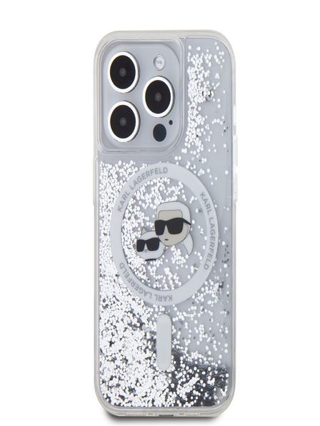 Karl Lagerfeld Karl Lagerfeld Liquid Glitter Karl és Choupette Feads MagSafe hátlapi borító az iPhone 15 Pro készülékhez Átlátszó