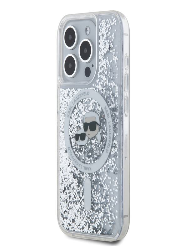Karl Lagerfeld Karl Lagerfeld Liquid Glitter Karl és Choupette Feads MagSafe hátlapi borító az iPhone 15 Pro készülékhez Átlátszó