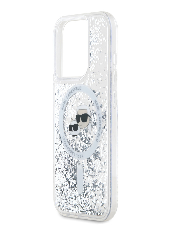 Karl Lagerfeld Karl Lagerfeld Liquid Glitter Karl és Choupette Feads MagSafe hátlapi borító az iPhone 15 Pro készülékhez Átlátszó