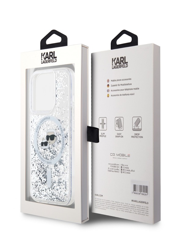 Karl Lagerfeld Karl Lagerfeld Liquid Glitter Karl és Choupette Feads MagSafe hátlapi borító az iPhone 15 Pro készülékhez Átlátszó