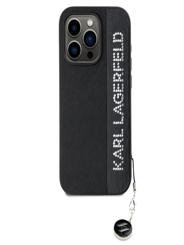 Karl Lagerfeld Karl Lagerfeld PU szaffianó strasszos bájos hátlapi borító iPhone 15 Pro Max készülékhez Fekete