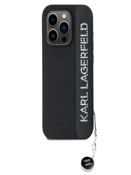 Karl Lagerfeld Karl Lagerfeld PU szaffianó strasszos bájos hátlapi borító iPhone 15 Pro Max készülékhez Fekete